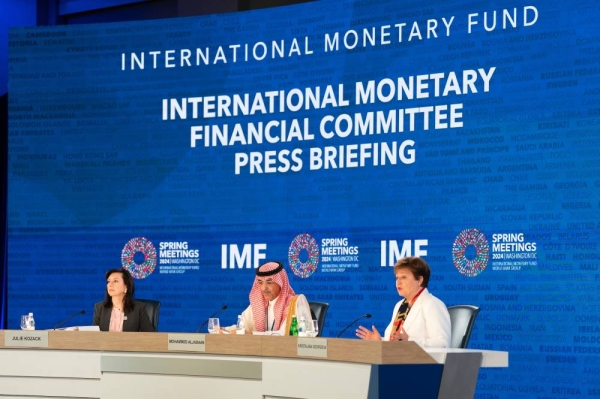 Saudi Finance Minister and current IMFC Chair Mohammed Aljadaan speaking at the press conference. 