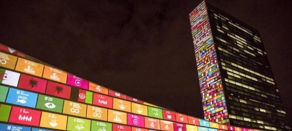 The Sustainable Development Goals projected onto UN Headquarters, in New York. — courtesy UN Photo/Cia Pak