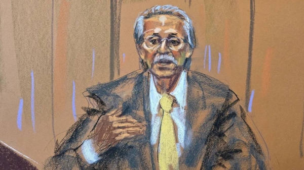 Former National Enquirer publisher David Pecker speaks from the witness stand during former U.S. President Donald Trump's criminal trial