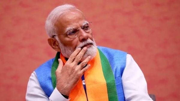 Indian Prime Minister Narendra Modi, seen here at the launch of his party manifesto in April 2024, is eyeing a historic third term in a row. — courtesy EPA