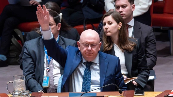 Ambassador Vassily Nebenzia exercises Russia's veto at a UN Security Council meeting on April 24, 2024