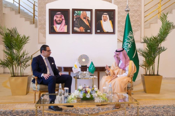 Saudi Minister of Foreign Affairs Prince Faisal bin Farhan holds talks with his Cypriot Counterpart Constantinos Kombos in Riyadh on Thursday.

