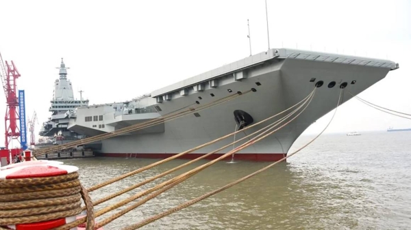 China's third aircraft carrier, the Fujian, sets out for maiden sea trials from Shanghai Jiangnan Shipyard in east China's Shanghai, May 1, 2024