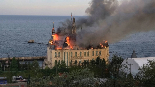 An educational institution known as 'Harry Potter castle' burns after a Russian missile strike in Odesa, Ukraine, on April 29