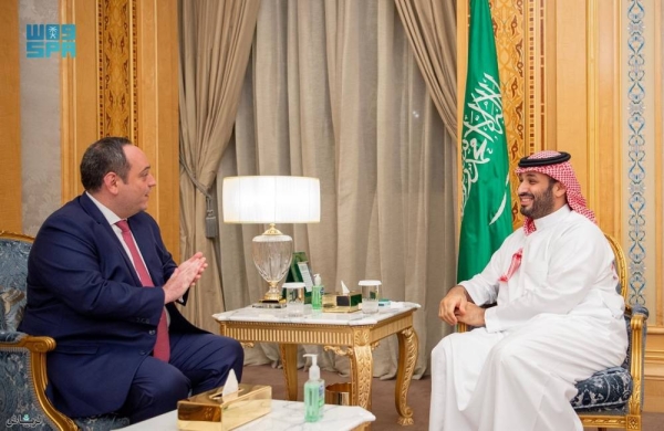 Crown Prince and Prime Minister Mohammed bin Salman holds talks with Dimitri Kerkentzes, secretary general of the Bureau International des Expositions (BIE), in Riyadh on Wednesday.