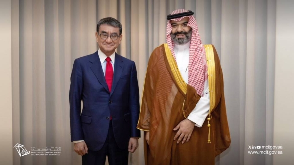 Minister of Communications and Information Technology Eng. Abdullah Al-Sawaha met with the Japanese Minister of Digital Transformation, Taro Kono and his accompanying delegation on Sunday in Jeddah.
