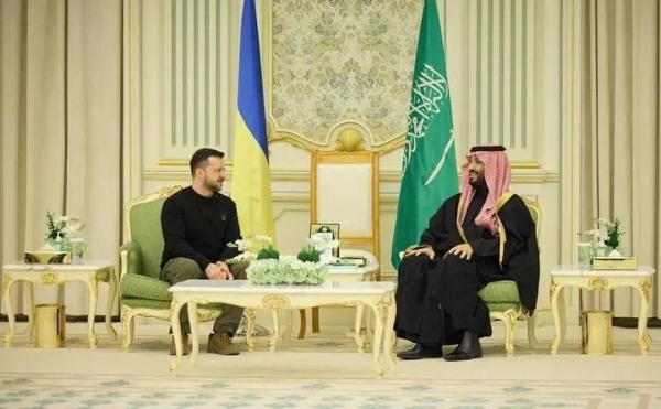 Saudi Crown Prince and Prime Minister Mohammed bin Salman meets with Ukrainian President Volodymyr Zelenskyy in Riyadh in February 2024 (File photo)