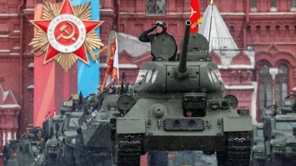 The only tank on show in the Victory Day parade was a World War Two Soviet T-34