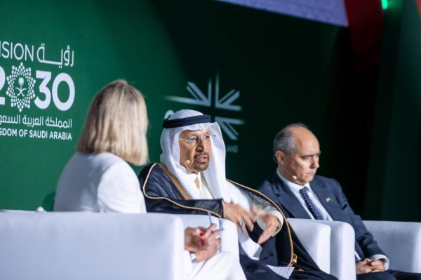 Khalid Al-Falih and UK Minister for Business and Trade Lord Dominic Johnson at the Great Futures Initiative Conference at King Abdullah Financial District