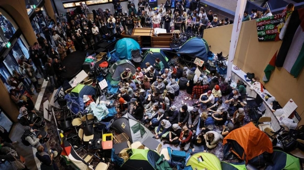 Pro-Palestinian students hold a sit-in at Melbourne University's Arts West building, in Melbourne, Australia on May 15, 2024