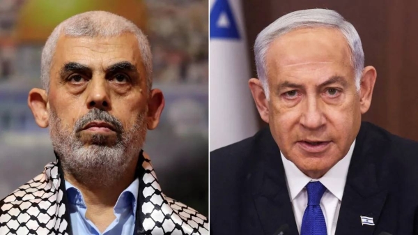 Hamas leader Yahya Sinwar, at left, and Israeli Prime Minister Benjamin Netanyahu, at right, are pictured