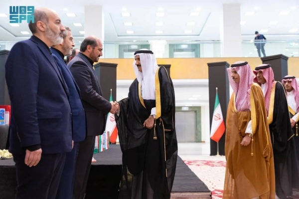 Iranian Presidential Assistant for Political Affairs Mohammad Jamshidi and Minister of Foreign Affairs Ali Bagheri Kani receive Saudi Ministers Prince Mansour bin Miteb and Prince Faisal bin Farhan at the Palace of Conferences and Summits in Tehran on Wednesday.

