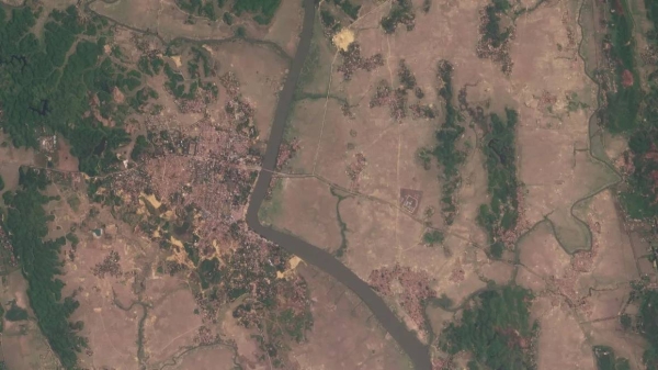 Satellite imagery provided by Planet Labs, PBC, taken on May 20, shows thermal scarring across Buthidaung, Myanmar