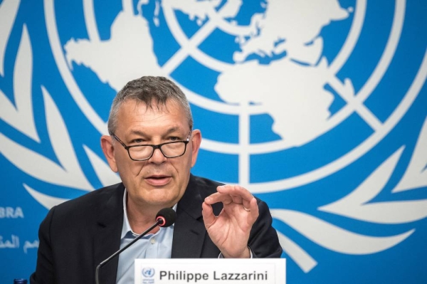 UNRWA Commissioner General Philippe Lazzarini gestures as he speaks during a press conference on the situation in Gaza at the United Nations offices in Geneva, on April 30, 2024. (Photo by Fabrice COFFRINI / AFP) (Photo by FABRICE COFFRINI/AFP via Getty Images)