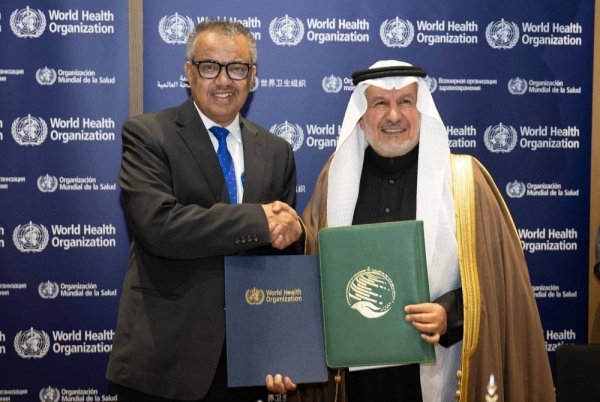 General Supervisor of KSrelief Dr. Abdullah Al-Rabeeah and WHO Director General Dr. Tedros Adhanom Ghebreyesus during the signing ceremony of agreements in Geneva on Saturday.
