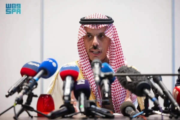 Saudi Foreign Minister Prince Faisal bin Farhan speaks at a press conference in Brussels on Monday.
