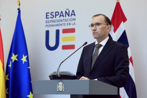 Norway's Foreign Minister Espen Barth Eide addresses a media conference prior to talks on the Middle East in Brussels, Monday, May 27, 2024. (AP Photo/Geert Vanden Wijngaert)