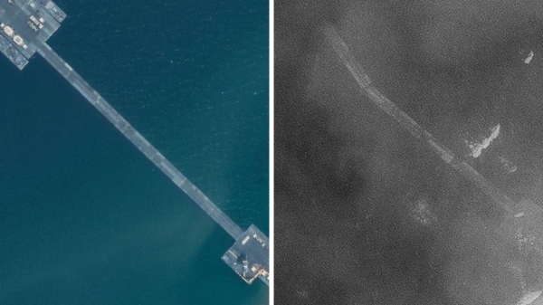 A Maxar Technologies satellite image, taken on Tuesday afternoon, right, shows a large section of the floating pier is missing