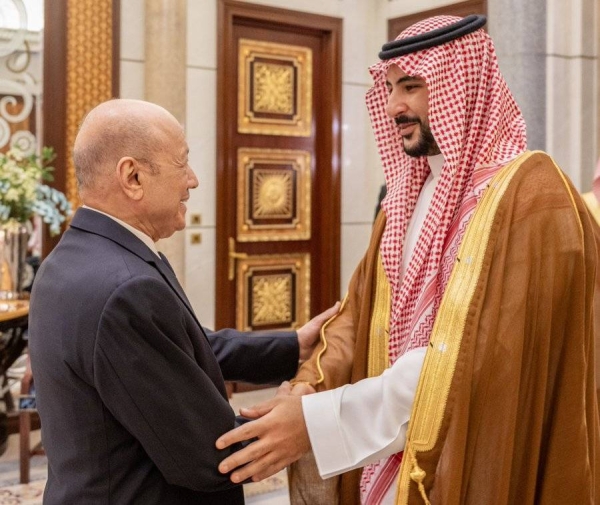 Saudi Minister of Defense Prince Khalid bin Salman receives Dr. Rashad Al-Alimi, chairman of the Yemeni Presidential Leadership Council, in Riyadh on Thursday.
