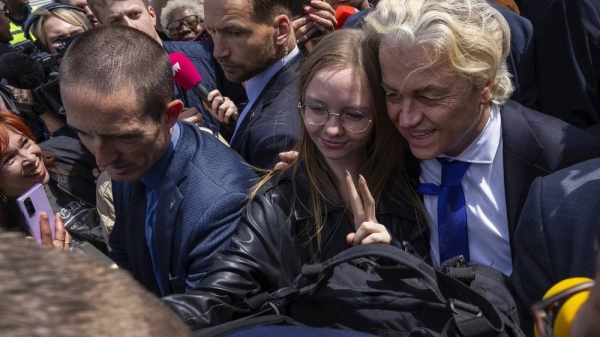 Geert Wilders of the PVV poses for a picture during a campaign stop for the EU elections at a market in The Hague, June 5, 2024