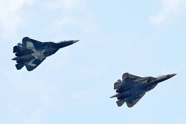 Sukhoi Su-57 fighter jets take part in a flight demonstration in Zhukovskiy, Russia on August 27, 2019