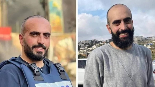 A photo of journalist Amir Abu Aram before and after his release