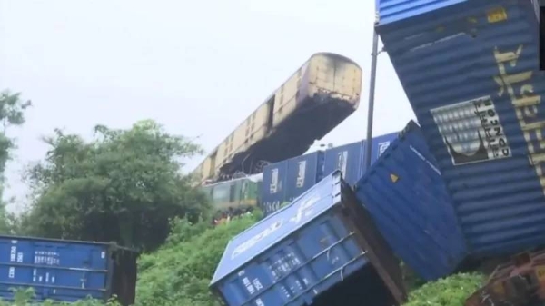 A wagon of the Kanchenjungha Express was suspended in the air after a goods train rammed into it