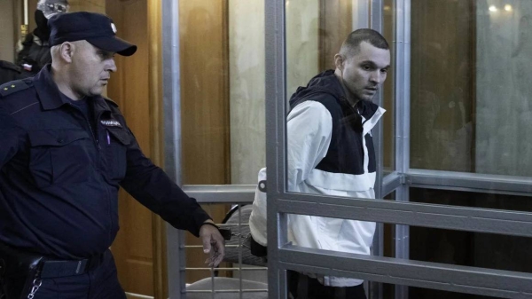 Gordon Black, who was detained on suspicion of theft, is pictured in a Russian court on June 6, 2024. The US soldier is on trial, amid increased tensions between Washington and Moscow