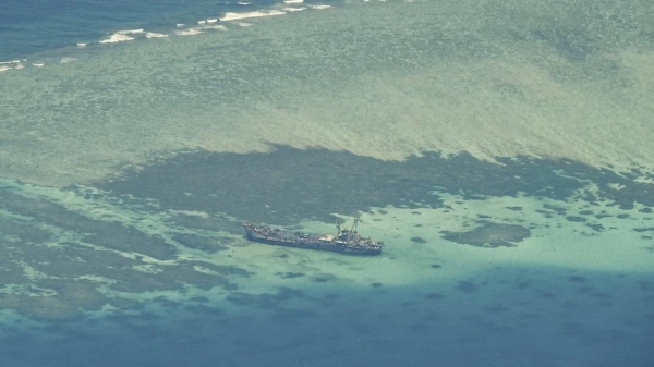 An aerial view taken on March 9, 2023 shows Philippine ship BRP Sierra Madre grounded on Second Thomas Shoal in the South China Sea