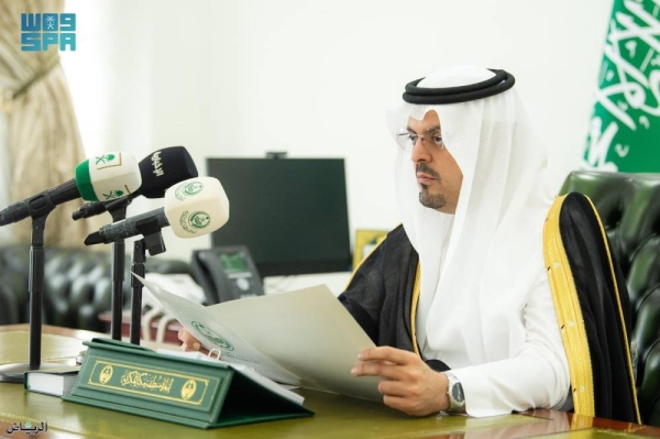 Deputy Emir of the Makkah Prince Saud bin Mishal announces the success of this year’s Hajj in a press briefing in Mina on Tuesday.
