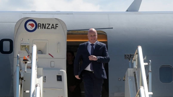 Prime Minister Christopher Luxon alights from a Royal New Zealand Air Force aircraft in Port Moresby on June 16, 2024