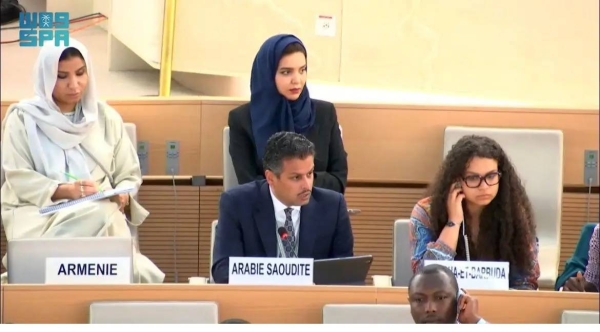 Saudi Permanent Representative to the United Nations in Geneva Abdulmohsen Majed bin Khothaila addressing the UN Human Rights Council in Geneva on Tuesday.