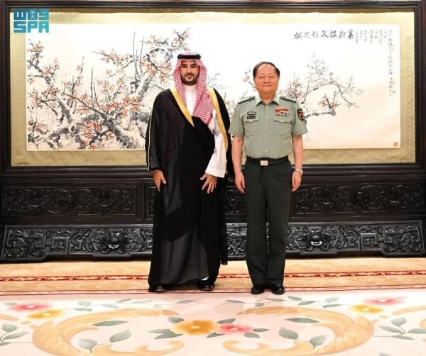 Zhang Youxia, vice chairman of the Central Military Commission of China, receiving Saudi Minister of Defense Prince Khalid bin Salman in Beijing on Tuesday.
 