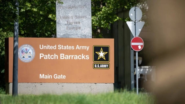 A sign indicates the entrance to the Patch Barracks of the United States Army and the headquarters of the US forces in Europe