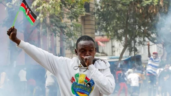 Clouds of tear gas can be see in downtown Nairobi