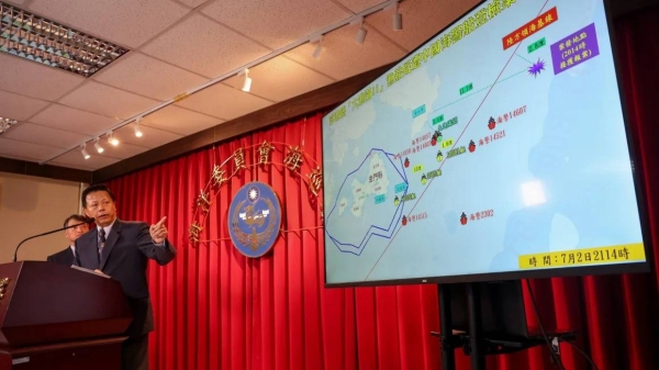 Deputy director general of Taiwan's Coast Guard Administration Ching-Chin Hsieh speaks at a news conference in Taipei on July 3, 2024