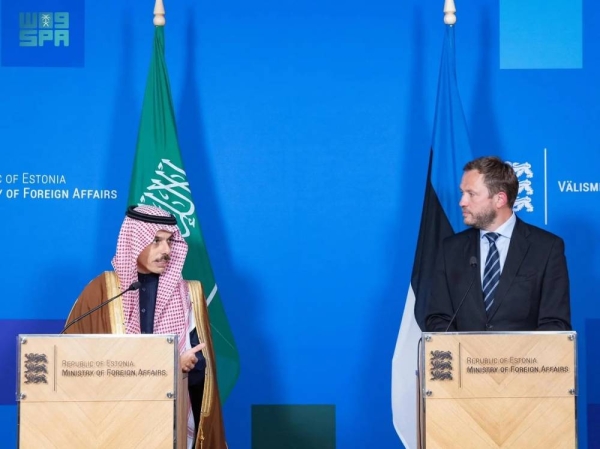 Saudi Minister of Foreign Affairs Prince Faisal bin Farhan addressing a joint press conference with his Estonian counterpart Margus Tsahkna in Tallinn on Wednesday.