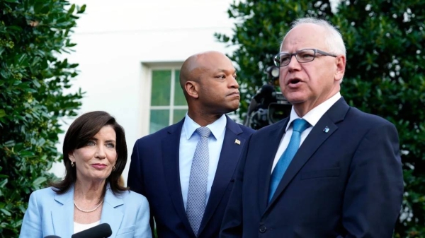 Kathy Hochul, governor of New York, from left, Wes Moore, governor of Maryland, and Tim Walz, governor of Minnesota, outside the White House in Washington, DC, on Wednesday, July 3, 2024