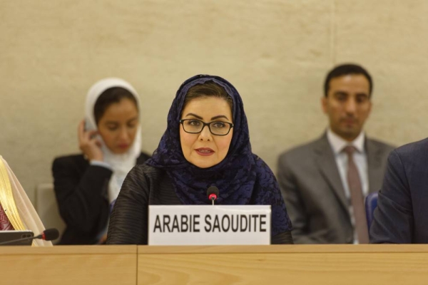 Saudi Human Rights Commission (HRC) President Dr. Hala Al-Tuwaijri speaking at the UN Human Rights Council in Geneva on Thursday during Saudi Arabia's participation in a session to adopt the results of the fourth cycle of the Universal Periodic Review mechanism. (Photo credit: Marcel CROZET)
