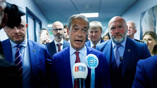 Britain's Reform UK Party Leader Nigel Farage speaks to the media after winning his first seat in parliament during the UK election in Clacton-on-Sea, Britain, on July 5, 2024