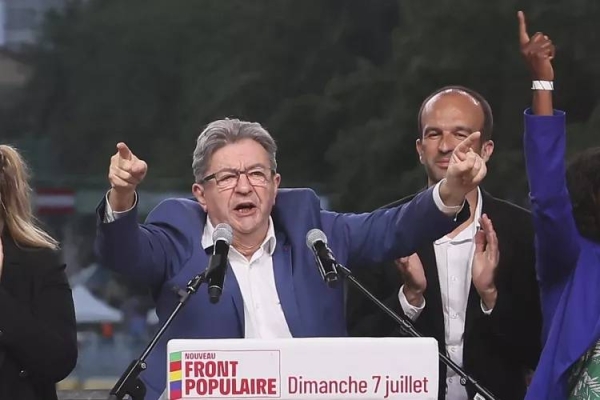 France Unbowed party leader Jean-Luc Mélenchon speaks to supporters in Paris after the first results were released, July 7, 2024