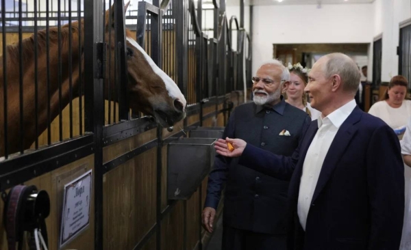 Russian President Vladimir Putin and Indian Prime Minister Narendra Modi visit a stable during an informal meeting outside Moscow, on July 8, 2024