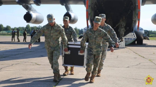 Chinese troops are shown arriving in Belarus in this photo provided by the Belarusian Ministry of Defense