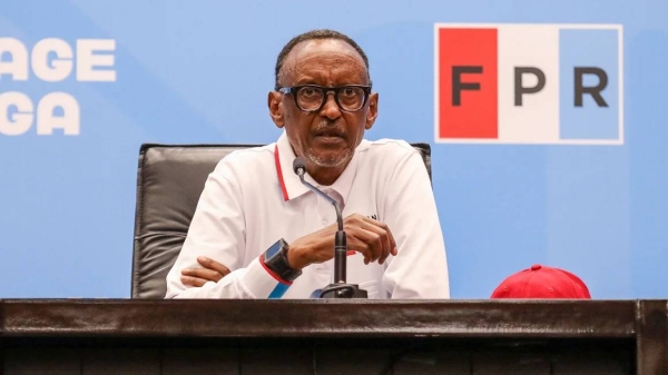 Presidential candidate Paul Kagame speaks during a press conference after attending his final presidential campaign in Kigali, Rwanda, on July 13