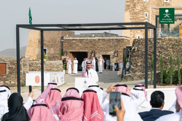 Saudi Minister of Tourism Ahmed Al-Khateeb speaking at the press conference held at the historic Abu Sarrah palaces in Abha. 