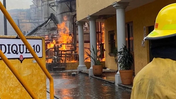 A fire burns following an explosion at a plant, in Tequila, Jalisco state, Mexico, on Wednesday