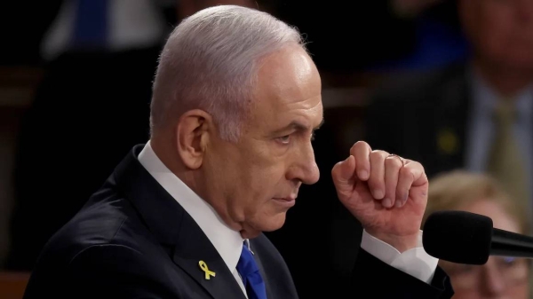 Israeli Prime Minister Benjamin Netanyahu addresses a joint meeting of Congress in the chamber of the House of Representatives at the US Capitol on July 24, 2024 in Washington, DC