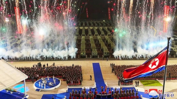 A photo provided by the North Korean government shows celebrations marking the delivery of 250 missile launchers to frontline military units, during a ceremony in Pyongyang, North Korea, on August 4