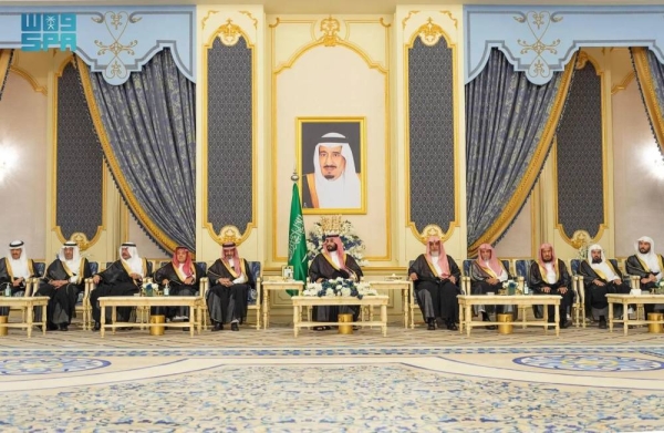 Crown Prince and Prime Minister Mohammed bin Salman receives princes, Islamic scholars, officials and a group of citizens at Al-Salam Palace in Jeddah on Tuesday.