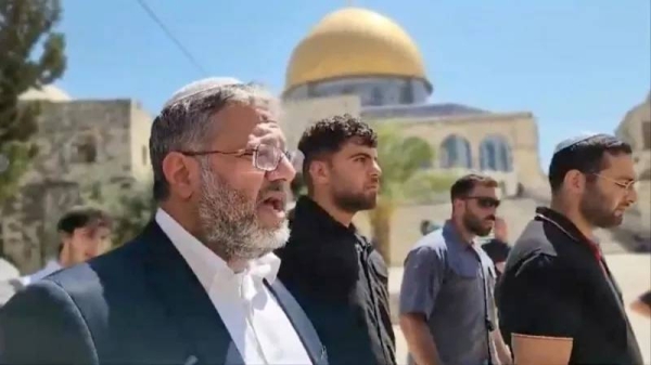 Screengrab from video showing Israeli National Security Minister Itamar Ben-Gvir (left) visiting the al-Aqsa Mosque compound in occupied East Jerusalem on Tuesday.